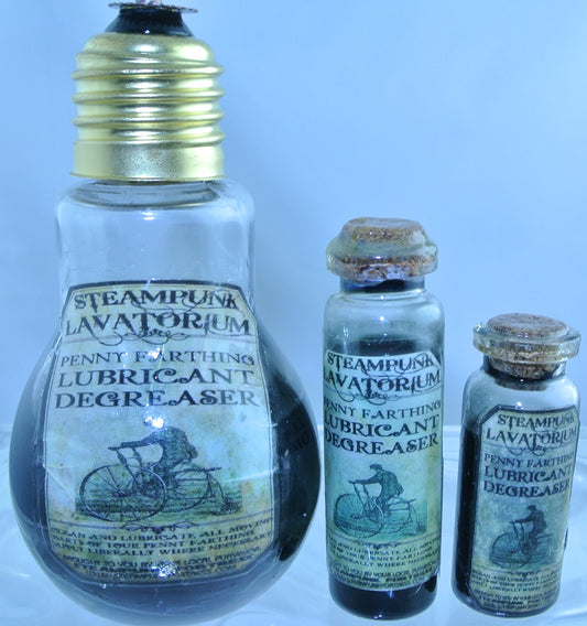 STARR WILDE STEAMPUNK POTION GLASS BOTTLE BICYCLE PENNY FARTHING OIL LIGHTBULB BOTTLES 4 SIZES TO CHOOSE FROM