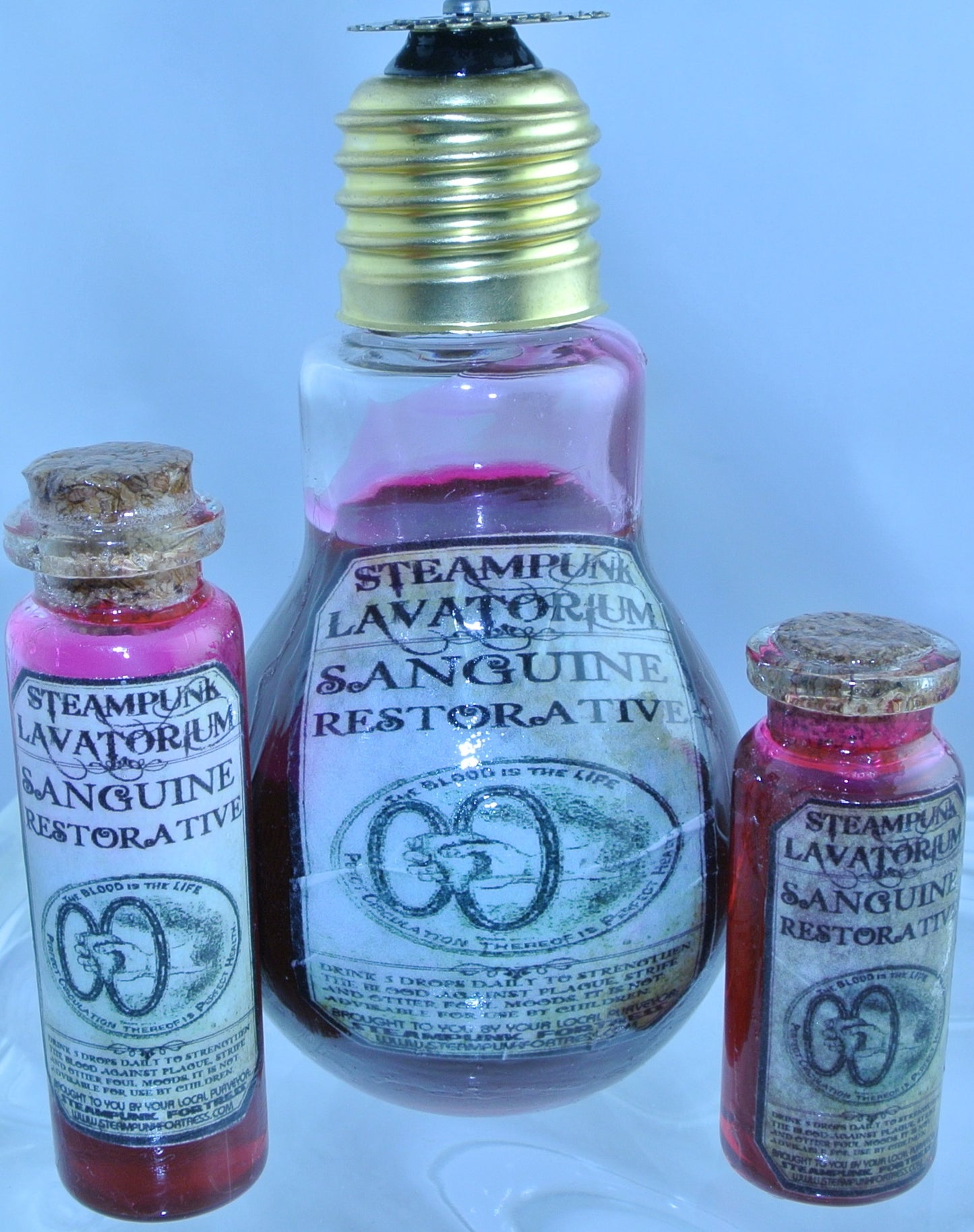 STARR WILDE STEAMPUNK POTION GLASS BOTTLE SANGUINE RESTORER OIL BLOOD RESTORATIVE LIGHTBULB 4 SIZES TO CHOOSE FROM