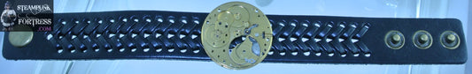 BLACK FAUX LEATHER CUTOUTS BAND BRACELET GOLD AUTHENTIC GENUINE WATCH CLOCK EMPTY MOVEMENT STARR WILDE STEAMPUNK FORTRESS