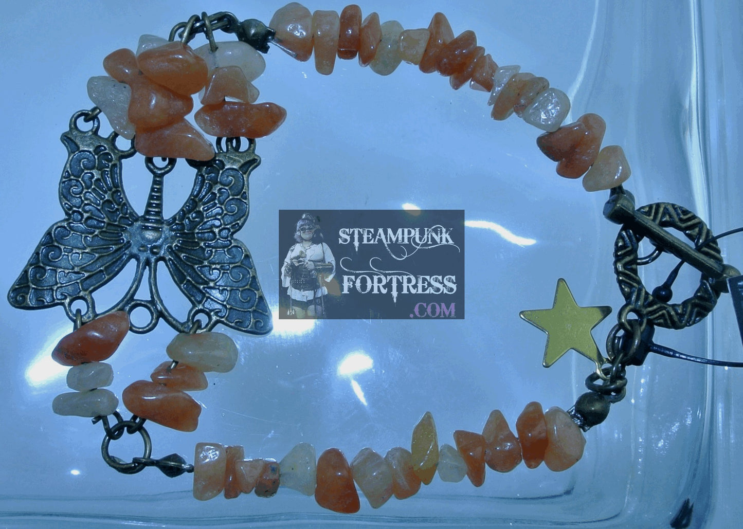 BRASS BUTTERFLY BUTTERFLIES RED AVENTURINE GEMSTONES STONES CHIPS BRACELET SET AVAILABLE STARR WILDE STEAMPUNK FORTRESS