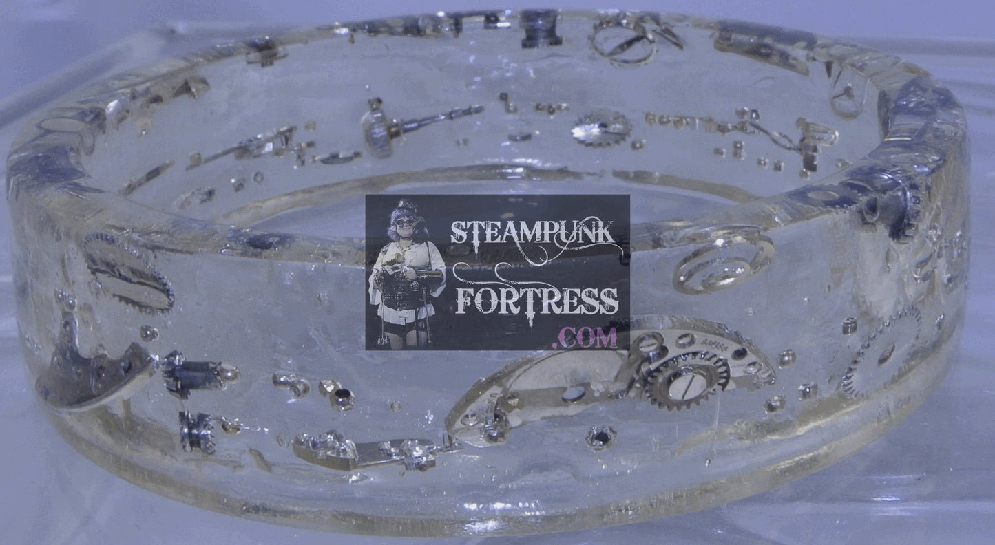 CLEAR RESIN GENUINE REAL AUTHENTIC SILVER WATCH CLOCK GEARS 40 GRAMS BANGLE BRACELET STARR WILDE STEAMPUNK FORTRESS