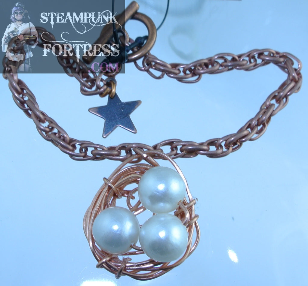 COPPER BIRDS NEST 3 PEARLS BRIGHT BRACELET SET AVAILABLE CUSTOM CONFIGURATIONS AVAILABLE STARR WILDE STEAMPUNK FORTRESS