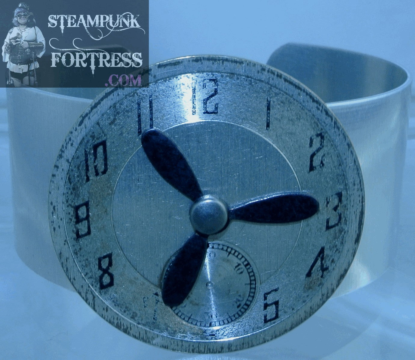 SILVER CUFF WATCH CLOCK FACE SILVER BLACK KINETIC SPINS SPINNING PROPELLER 1" BRACELET STARR WILDE STEAMPUNK FORTRESS