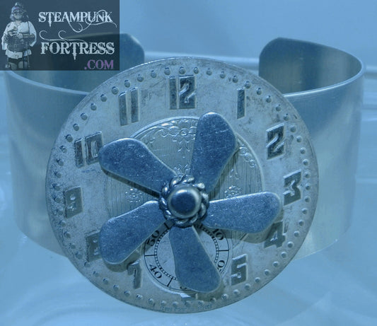 SILVER CUFF WATCH CLOCK FACE WHITE DIAL SILVER 5 ARM KINETIC SPINS SPINNING PROPELLER BRACELET STARR WILDE STEAMPUNK FORTRESS
