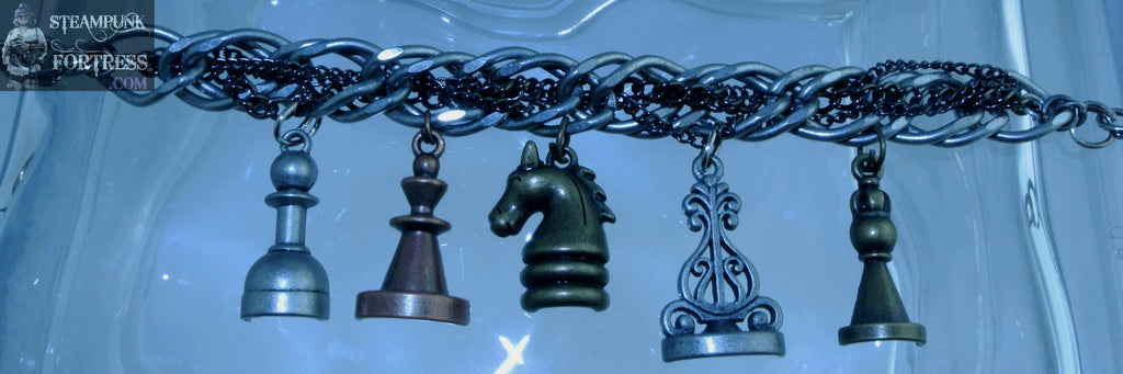 SILVER CHESS PIECES 5 SILVER BLACK CHAIN BRACELET STARR WILDE STEAMPUNK FORTRESS
