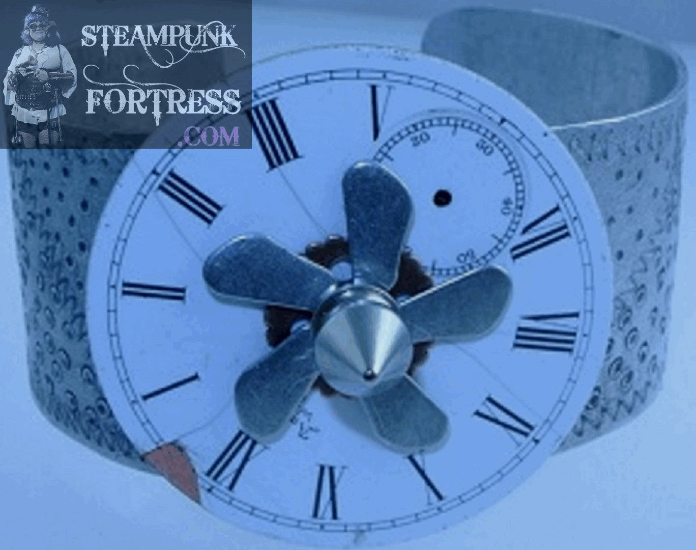 SILVER CUFF WALTHAM PORCELAIN WATCH CLOCK FACE DIAL SILVER 5 ARM PROPELLER KINETIC SPINS SPINNING COPPER GEAR SPIKE BRACELET STARR WILDE STEAMPUNK FORTRESS