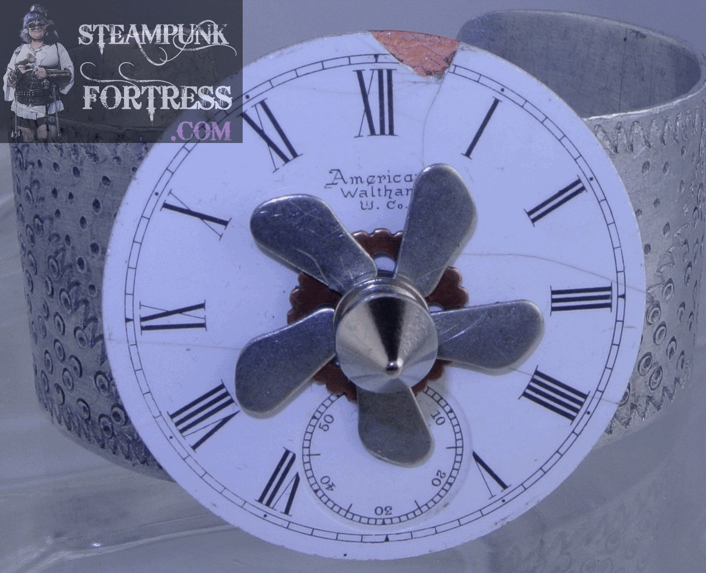 SILVER CUFF WALTHAM PORCELAIN WATCH CLOCK FACE DIAL SILVER 5 ARM PROPELLER KINETIC SPINS SPINNING COPPER GEAR SPIKE BRACELET STARR WILDE STEAMPUNK FORTRESS