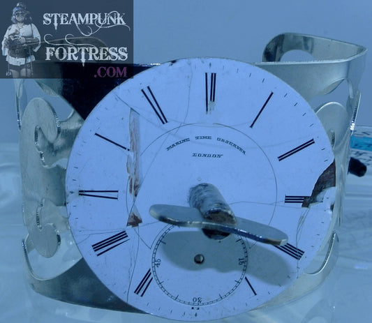 SILVER CUFF MARINE TIME WATCH CLOCK FACE PORCELAIN DIAL TURN KEY THAT CAN TURN BRACELET STARR WILDE STEAMPUNK FORTRESS