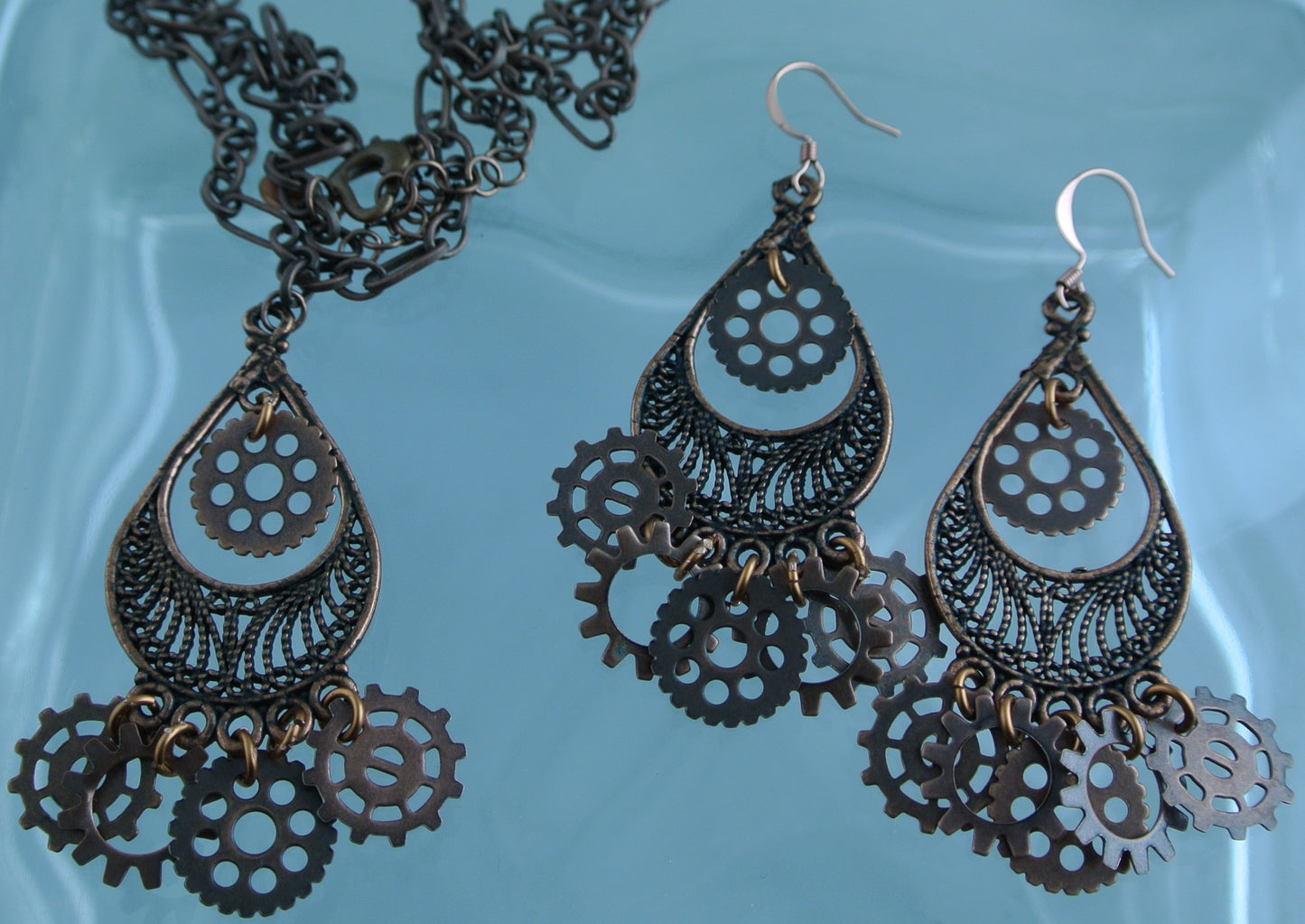 COPPER TEARDROP FILIGREE 6 GEARS PIERCED EARRINGS WATCH CLOCK STARR WILDE STEAMPUNK FORTRESS 