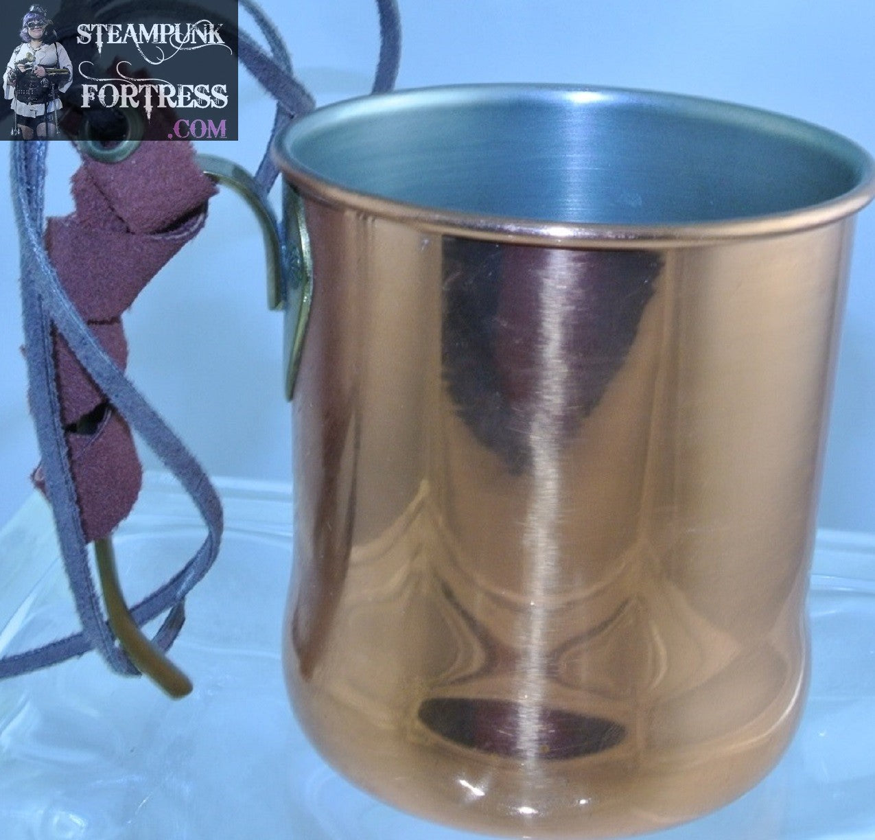 CUP COPPER BROWN SUEDE WRAP TIE BRASS HANDLE MUG TEA DUELING DUELLING STARR WILDE STEAMPUNK FORTRESS COSPLAY COSTUME