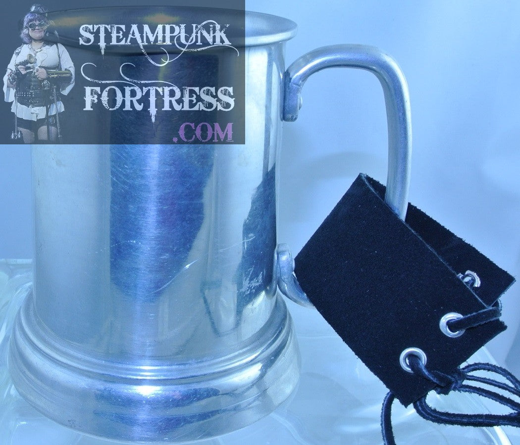 CUP SILVER CLEAR BOTTOM MUG BLACK SUEDE LEATHER STRAP STEIN STARR WILDE STEAMPUNK FORTRESS COSPLAY COSTUME