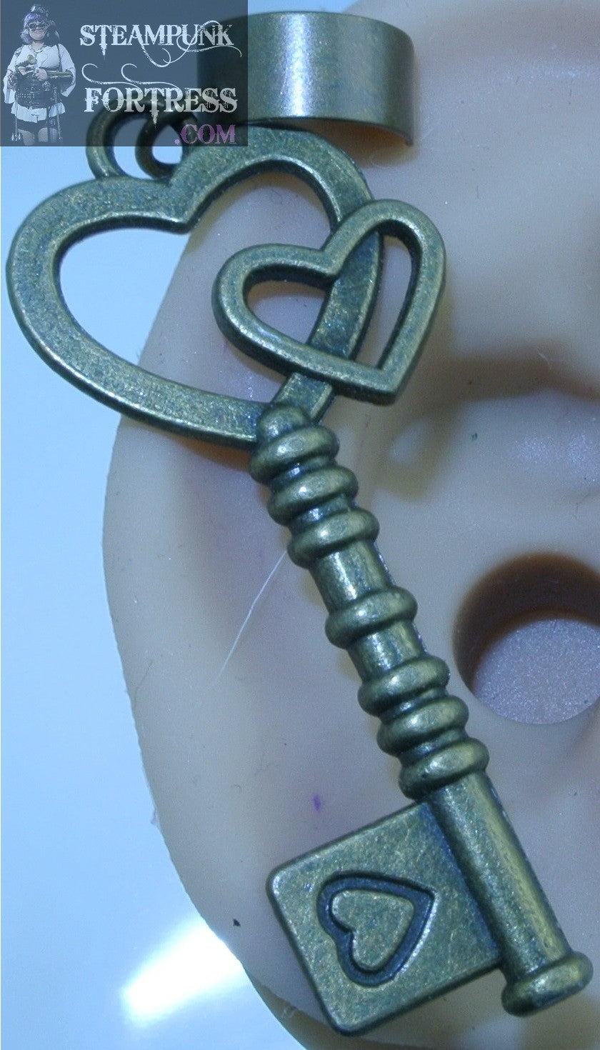 CUFF BRASS KEY DOUBLE HEARTS EAR CUFF NON PIERCED NON PIERCING STARR WILDE STEAMPUNK FORTRESS