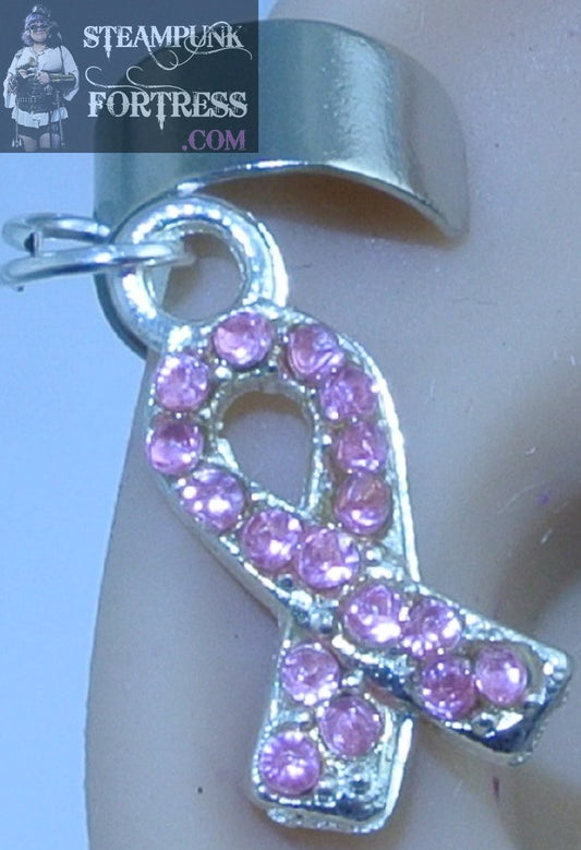 CUFF SILVER BREAST CANCER RIBBON PINK RHINESTONES EAR CUFF NON PIERCED NON PIERCING STARR WILDE STEAMPUNK FORTRESS