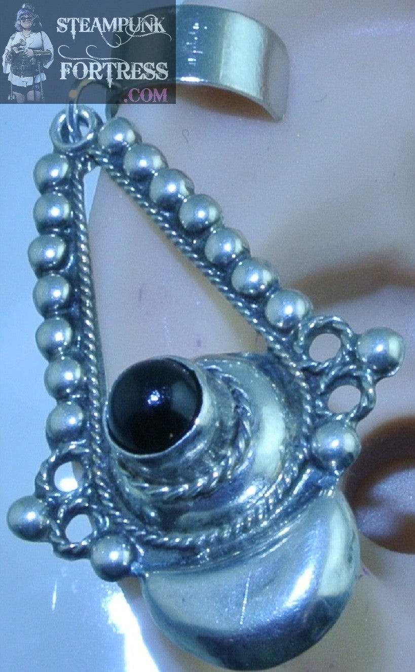 CUFF SILVER DROP BLACK ONYX GEMSTONE TRIANGLE DOTS EAR CUFF NON PIERCED NON PIERCING STARR WILDE STEAMPUNK FORTRESS