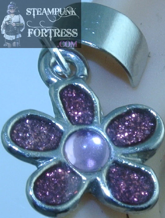 CUFF SILVER FLOWER PURPLE GLITTER ENAMEL EAR CUFF NON PIERCED NON PIERCING STARR WILDE STEAMPUNK FORTRESS