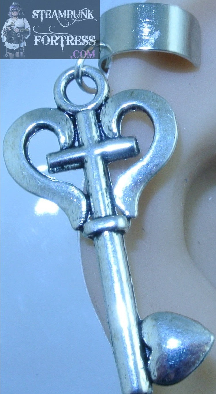 CUFF SILVER KEY CROSS TOP HEART BOTTOM EAR CUFF NON PIERCED NON PIERCING STARR WILDE STEAMPUNK FORTRESS