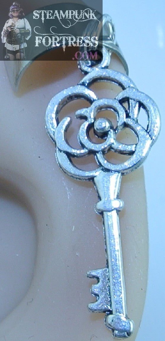 CUFF SILVER KEY FLOWER TOP EAR CUFF NON PIERCING NON PIERCED STARR WILDE STEAMPUNK FORTRESS