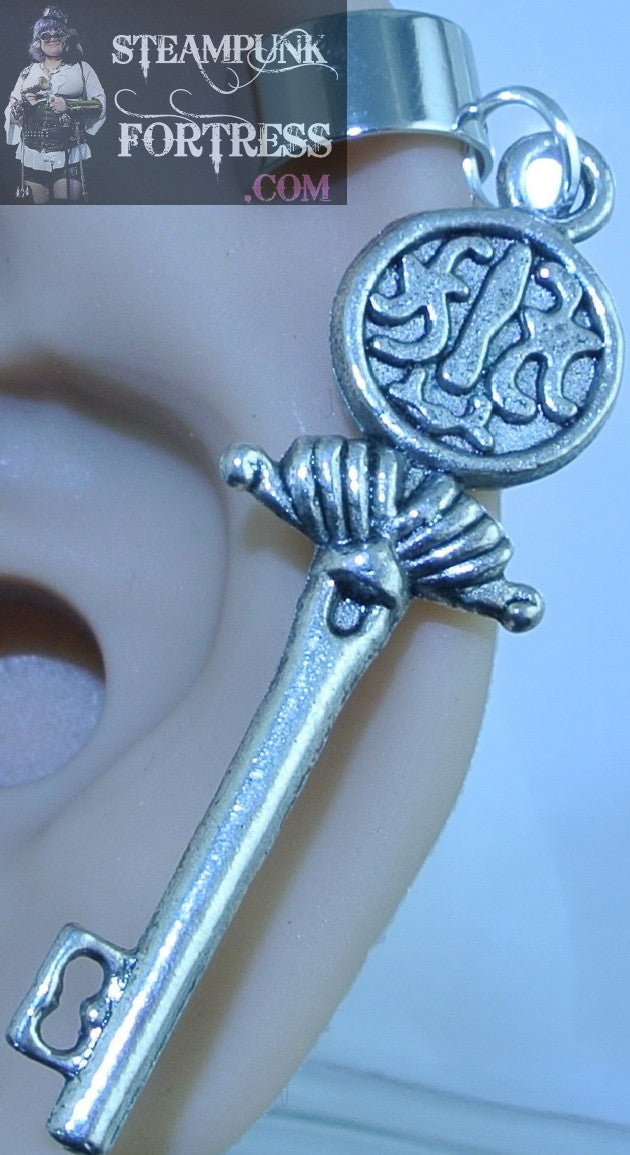 CUFF SILVER KEY FAN FLARE TOP EAR CUFF NON PIERCED NON PIERCING STARR WILDE STEAMPUNK FORTRESS