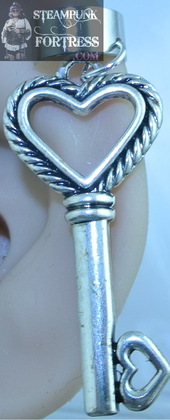 CUFF SILVER KEY HEART TOP BRAIDED ROPE EDGE EAR CUFF NON PIERCED NON PIERCING STARR WILDE STEAMPUNK FORTRESS