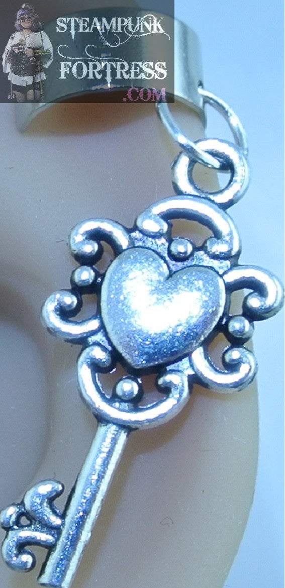 CUFF SILVER KEY SOLID HEART CENTER EAR CUFF NON PIERCED NON PIERCING STARR WILDE STEAMPUNK FORTRESS