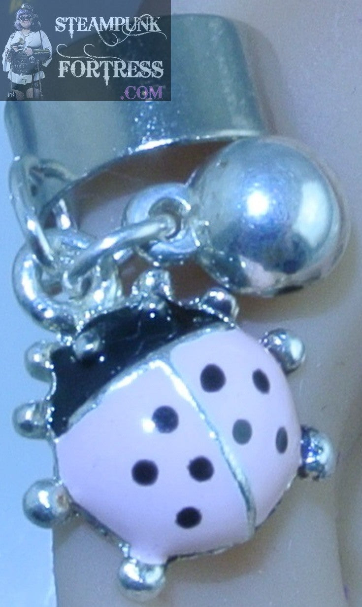 CUFF SILVER LADYBUG PINK BLACK EAR CUFF NON PIERCED NON PIERCING STARR WILDE STEAMPUNK FORTRESS