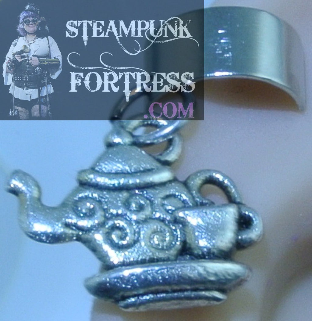 CUFF SILVER TEAPOT AND CUP EAR CUFF ALICE IN WONDERLAND MAD HATTER TEA PARTY NON PIERCED NON PIERCING STARR WILDE STEAMPUNK FORTRESS