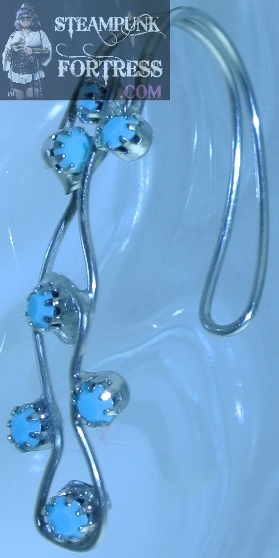 HANGER SILVER FAUX TURQUOISE STONES DOUBLE WIRE EAR HANGER CUFF NON PINCH NON PIERCING NO PAIN STARR WILDE STEAMPUNK FORTRESS