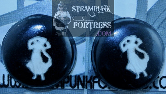 BLACK CAMEO DANCING GIRL ROUND CAMEO VICTORIAN STUDS RESIN PIERCED EARRINGS STARR WILDE STEAMPUNK FORTRESS