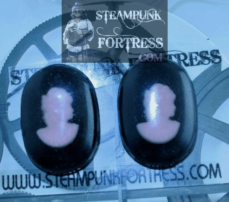 BLACK CAMEO LADY PINK BLACK OVAL RESIN VICTORIAN EDWARDIAN STUDS PIERCED EARRINGS STARR WILDE STEAMPUNK FORTRESS