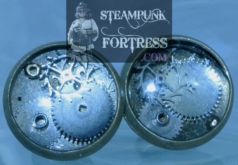 BRASS 12MM ROUND SILVER AUTHENTIC GEUNINE CLOCK WATCH GEARS STUDS PIERCED EARRINGS STARR WILDE STEAMPUNK FORTRESS