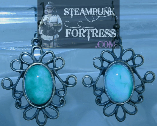 BRASS AGATE TREE GEMSTONE FILIGREE OVAL PIERCED EARRINGS STARR WILDE STEAMPUNK FORTRESS