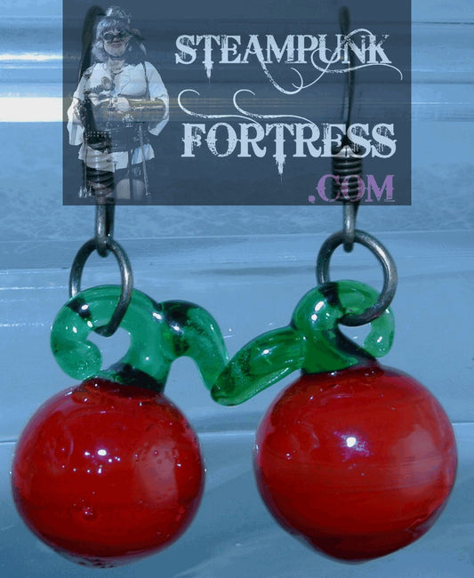 BRASS APPLES RED LAMPWORK GLASS TEACHERS GIFT PIERCED EARRINGS STARR WILDE STEAMPUNK FORTRESS