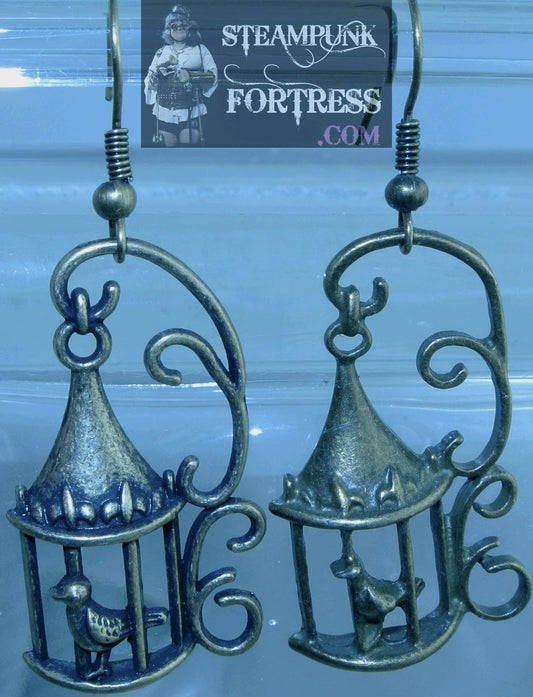 BRASS BIRDS IN POINTY BIRDCAGES PIERCED EARRINGS STARR WILDE STEAMPUNK FORTRESS