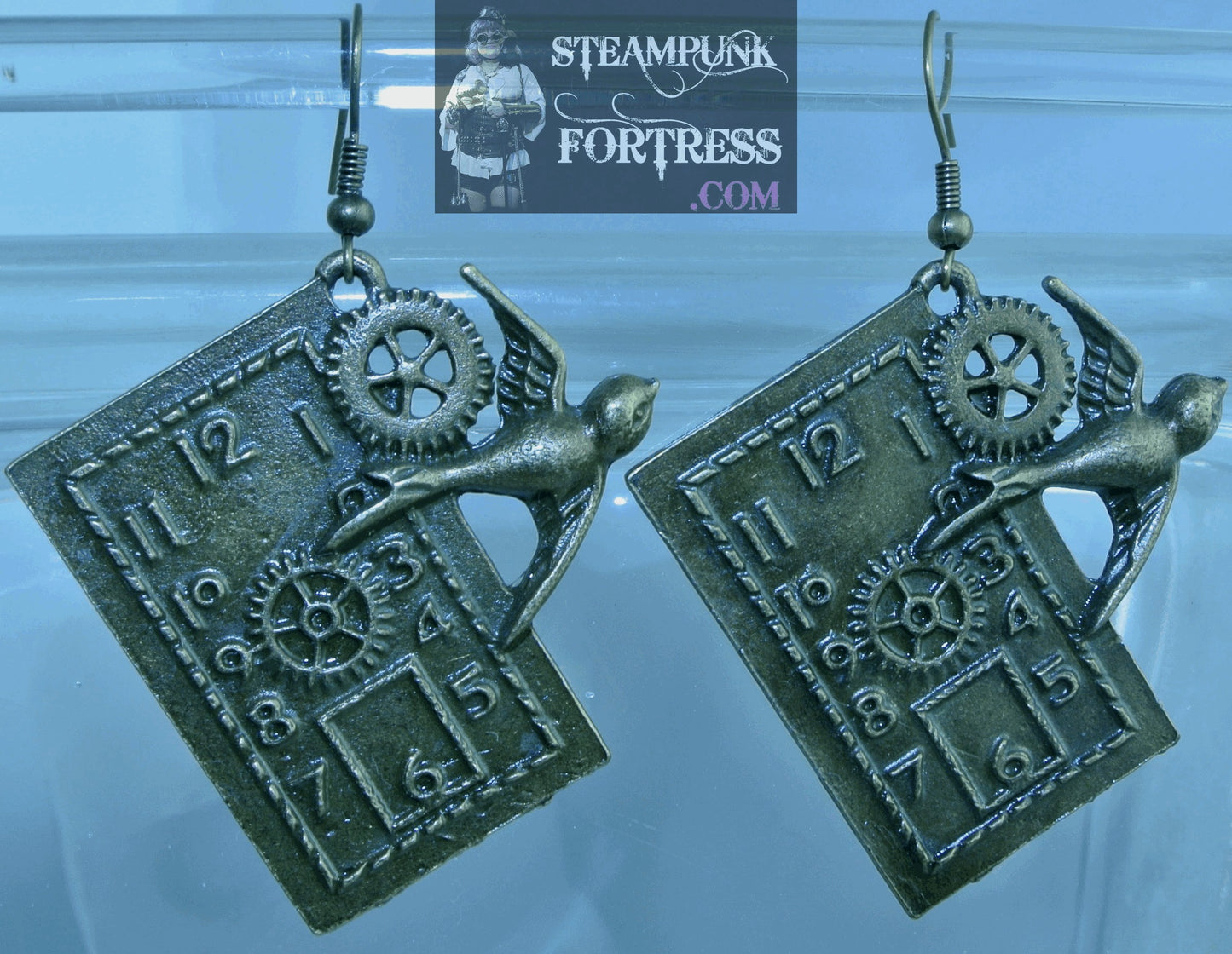 BRASS CLOCK FACE WATCH DIAL RECTANGLE BIRD GEARS PIERCED EARRINGS SET AVAILABLE STARR WILDE STEAMPUNK FORTRESS