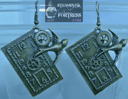 BRASS CLOCK FACE WATCH DIAL RECTANGLE BIRD GEARS PIERCED EARRINGS SET AVAILABLE STARR WILDE STEAMPUNK FORTRESS