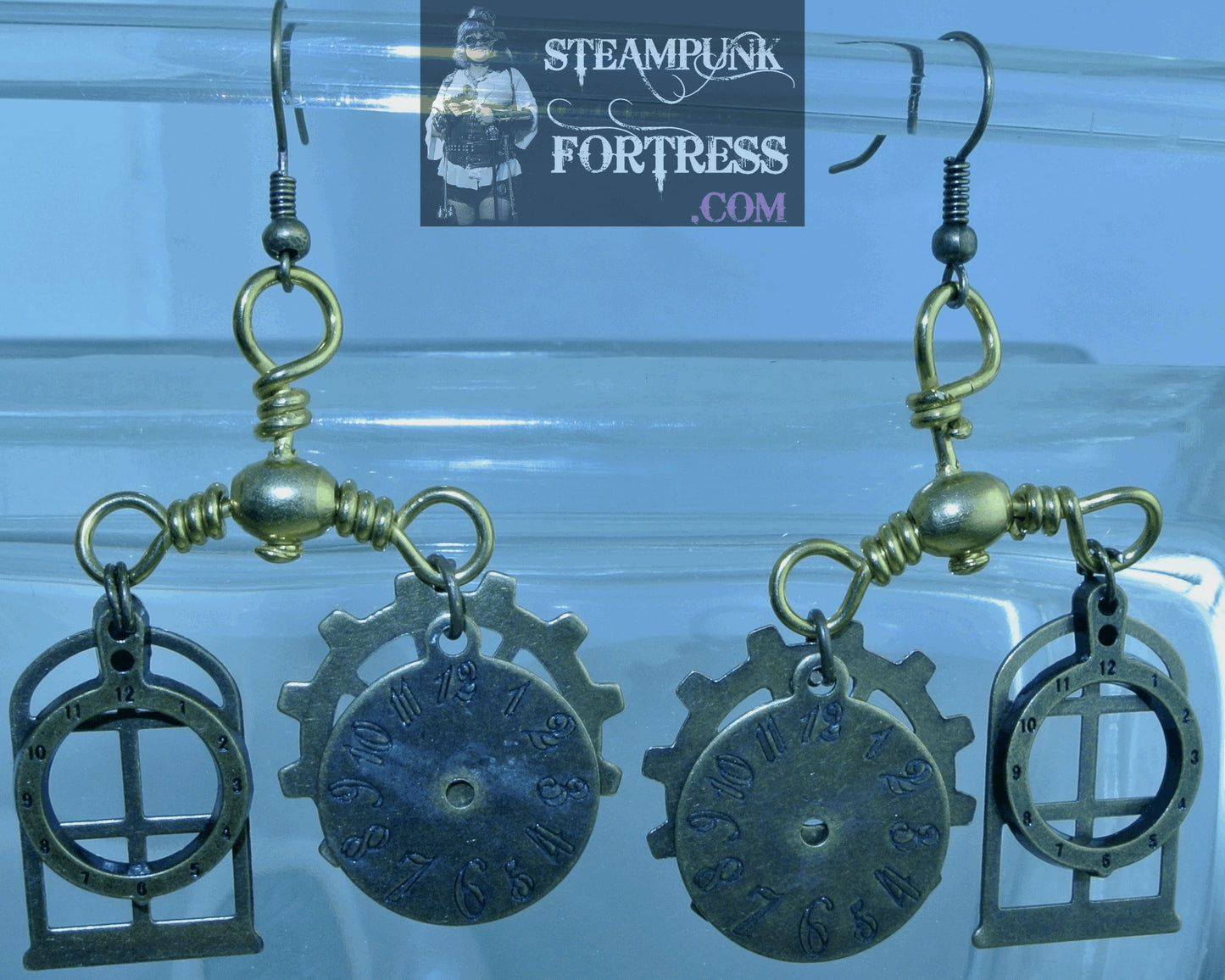 BRASS WINDOW 2 CLOCK FACES WATCH DIALS AUTHENTIC GENUINE GEARS PIERCED EARRINGS SET AVAILABLE STARR WILDE STEAMPUNK FORTRESS