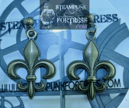 BRASS FLEUR DE LIS STUDS OUTLANDER PIERCED EARRINGS STARR WILDE STEAMPUNK FORTRESS