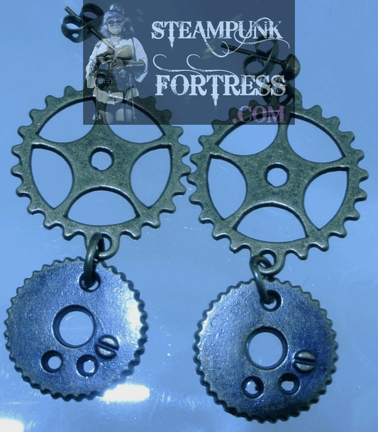 BRASS OPEN GEAR AND SOLID GEAR WATCH CLOCK DROP STUDS PIERCED EARRINGS STARR WILDE STEAMPUNK FORTRESS