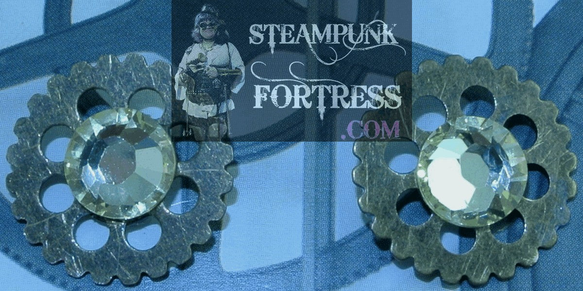 BRASS GEARS ROUND 7MM JONQUIL YELLOW SWAROVSKI CRYSTALS WATCH CLOCK STUDS PIERCED EARRINGS STARR WILDE STEAMPUNK FORTRESS