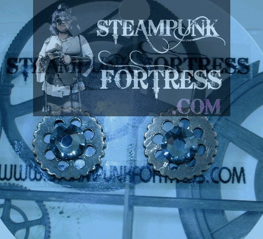 BRASS GEARS ROUND 7MM SILVER NIGHT SWAROVSKI CRYSTAL STUDS WATCH CLOCK GREY GRAY PIERCED EARRINGS STARR WILDE STEAMPUNK FORTRESS