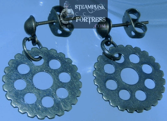 BRASS GEARS ROUND WATCH CLOCK DROP STUDS PIERCED EARRINGS STARR WILDE STEAMPUNK FORTRESS