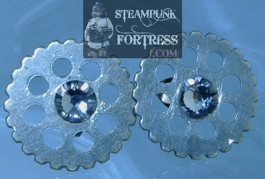 BRASS GEARS ROUND 5MM GREIGE SWAROVKSI CRYSTALS GREY GRAY WATCH CLOCK STUDS PIERCED EARRINGS STARR WILDE STEAMPUNK FORTRESS