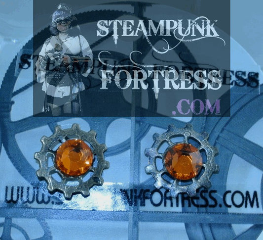 BRASS GEARS SPOKE 7MM LIGHT ORANGE SWAROVSKI CRYSTALS STUDS WATCH CLOCK PIERCED EARRINGS STARR WILDE STEAMPUNK FORTRESS