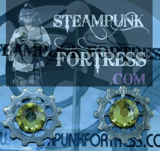 BRASS GEARS SPOKE WATCH CLOCK 7MM YELLOW JONQUIL SWAROVSKI CRYSTALS STUDS PIERCED EARRINGS STARR WILDE STEAMPUNK FORTRESS