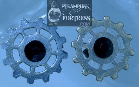 BRASS GEARS SPOKE 5MM BLACK SWAROVSKI CRYSTAL STUDS WATCH CLOCK PIERCED EARRINGS STARR WILDE STEAMPUNK FORTRESS