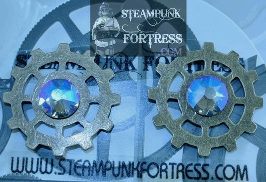 BRASS GEARS SPOKE WATCH CLOCK LARGE 8MM BLACK DIAMOND BLUE SWAROVSKI CRYSTALS STUDS PIERCED EARRINGS STARR WILDE STEAMPUNK FORTRESS