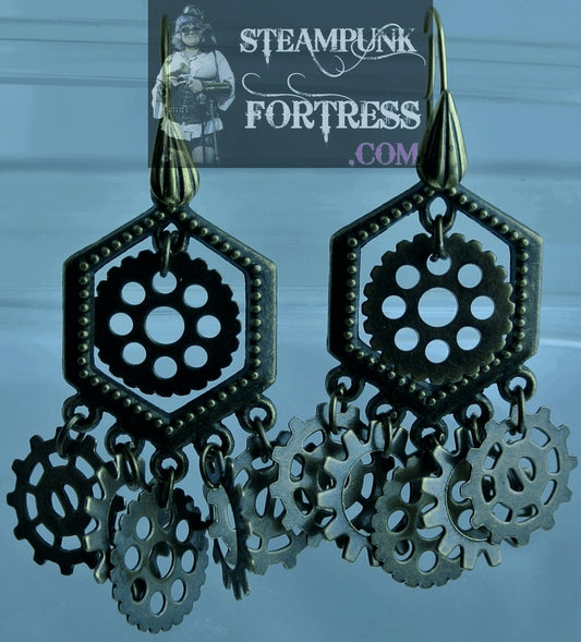 BRASS HEXAGON DROP 6 GEARS WATCH CLOCK PIERCED EARRINGS SET AVAILABLE STARR WILDE STEAMPUNK FORTRESS