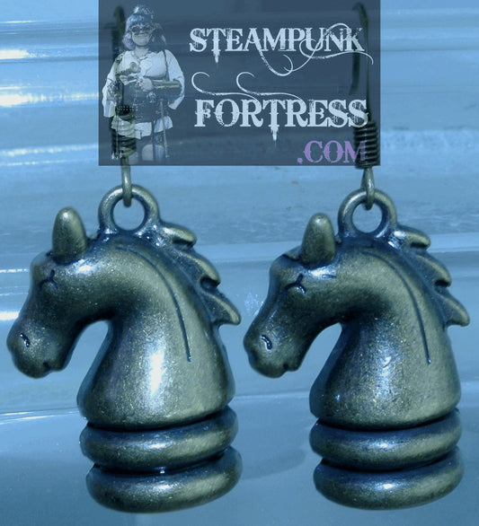 BRASS HORSES CHESS PIECES KNIGHTS FISHHOOK PIERCED EARRINGS STARR WILDE STEAMPUNK FORTRESS