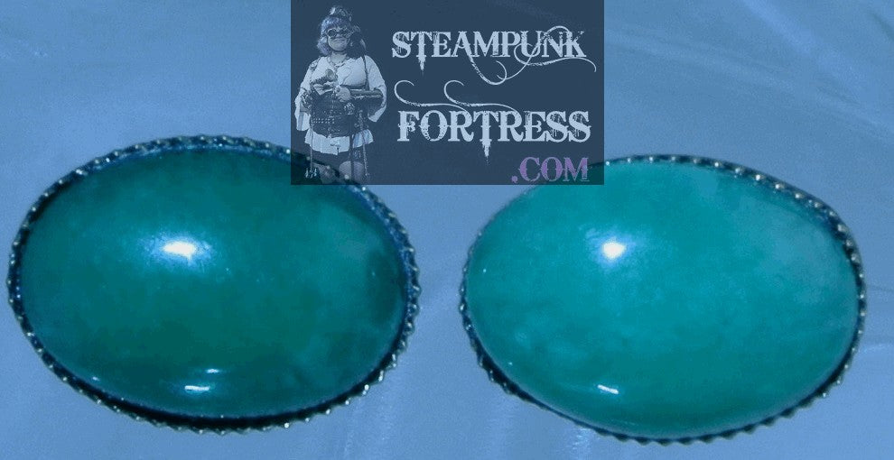 BRASS JADE GEMSTONES GREEN OVAL STUDS PIERCED EARRINGS STARR WILDE STEAMPUNK FORTRESS