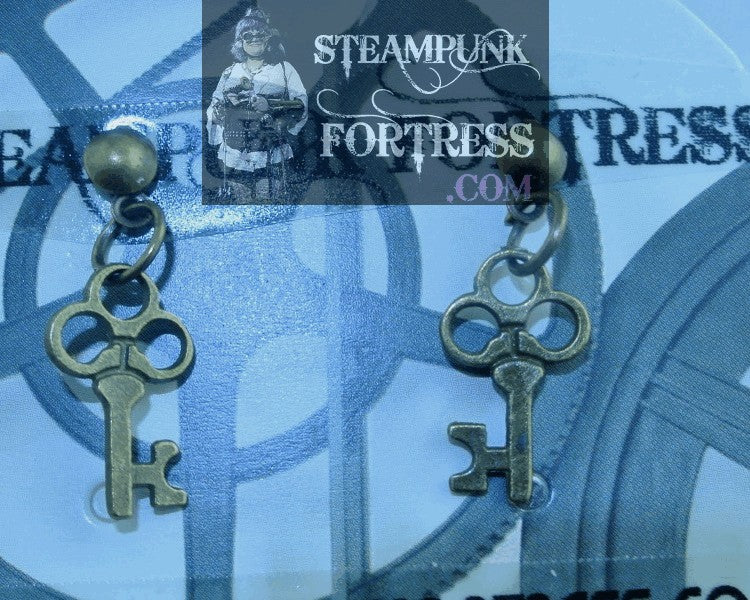 BRASS KEYS TRIDENT SMALL STUDS PIERCED EARRINGS STARR WILDE STEAMPUNK FORTRESS